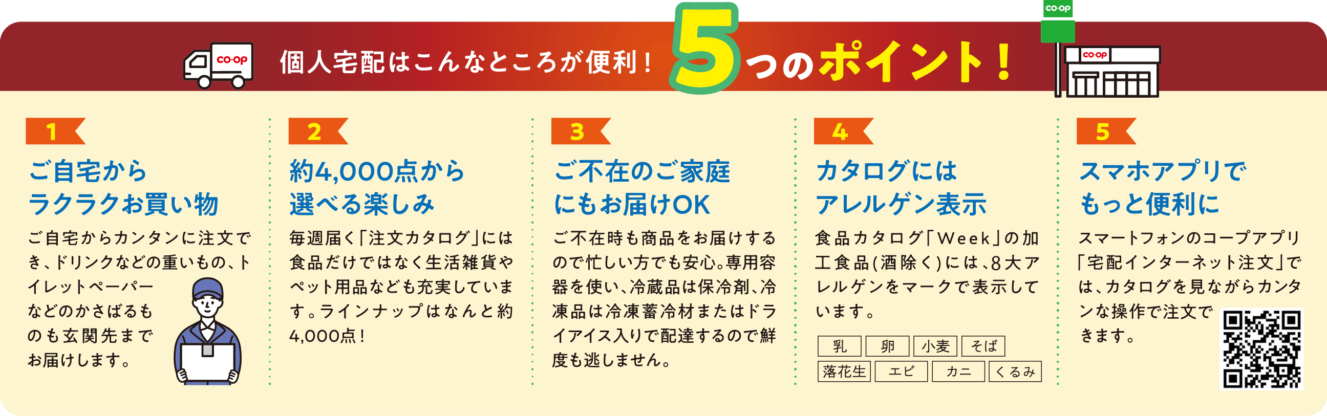 個人宅配はこんなところが便利！5つのポイント 1.ご自宅からラクラクお買い物 2.約4,000点から選べる楽しみ 3.ご不在のご家庭にもお届けOK 4.カタログにはアレルゲン表示 5.スマホアプリでもっと便利に